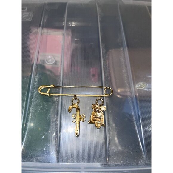 Gold Tone Brooch Safety Pin Christmas Holiday Dangle Charms Bell Candy Cane - Picture 7 of 8